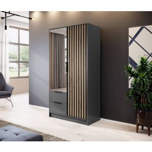 Stripe Dark Grey Wardrobe with Drawers Hinged Mirrored Door Slim 105cm 