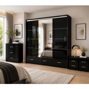 Lenart Black Gloss Bedroom Furniture Set 255cm