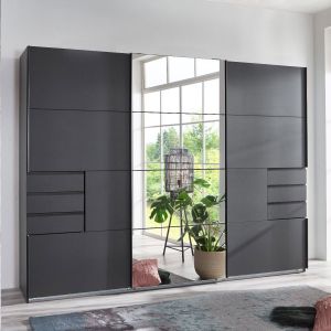 Saigon Sliding Door Mirrored Wardrobe with Drawers 270cm Graphite Grey/Black Matt