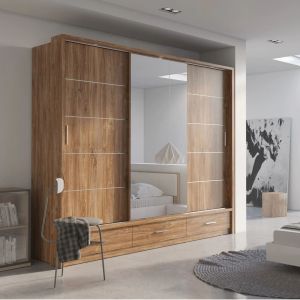 Lenart Sliding Wardrobe + Drawers + Mirror| Sterling Oak | 3 Door | 250cm Wide