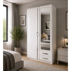 Brace White Wardrobe with 2 Drawers 2 Hinged Doors + Mirror 90cm