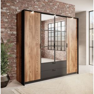 London Wardrobe with Drawers Oak & Anthracite 4 Door 223cm