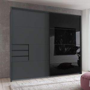 Saigon 2 Door Sliding Wardrobe with Tinted Glass & Drawers 225cm in Graphite Black