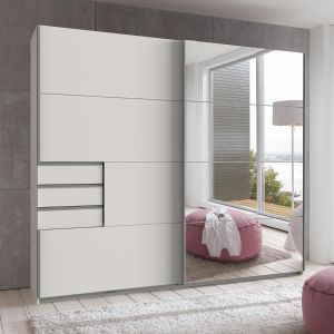 Saigon White Sliding 2 Door Wardrobe with Mirror & Drawers 225cm