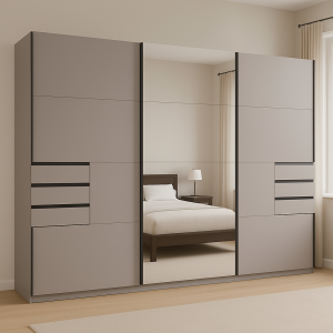 Saigon Sliding Door Wardrobe with Drawers 270cm in Sahara Grey with Mirror