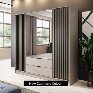 Stripe Wardrobe with Drawers & Mirrors Cashmere Pebble Grey 4 Doors 206cm