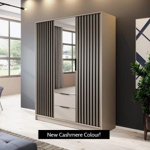 Stripe 3 Door Wardrobe with Drawers & Mirror Cashmere Grey 155cm