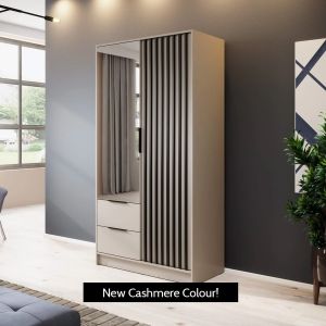 Strip Cashmere Pebble Grey Wardrobe with Drawers Hinged Mirrored Door Slim 105cm