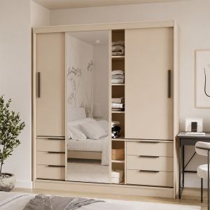 Malta 3 Door Sliding Wardrobe with Drawers 180cm | Beige