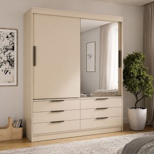 Malta 2 Door Sliding Wardrobe with Drawers 170cm | Beige