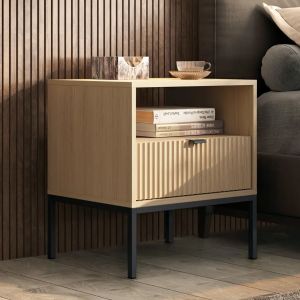 Ripple Bedside Table Fluted Drawer Beige Oak