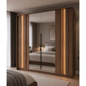 Rosewood 4 Door Hinged Mirrored Wardrobe with LEDs