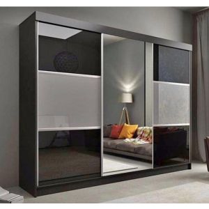 Empire Sliding 3 Door Wardrobe Black Gloss with Drawers - 250cm