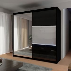 Empire 2 Door Sliding Wardrobe with Drawers | Black Gloss + Mirror