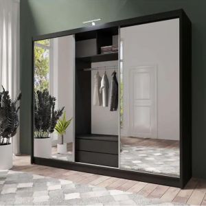 Petra Sliding Mirrored Wardrobe with Drawers Black 3 Door - 250cm