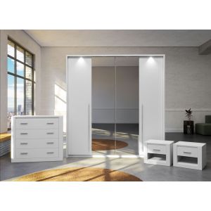 Bedroom Furniture Set White + Bi-Folding Sliding Door Wardrobe 210cm