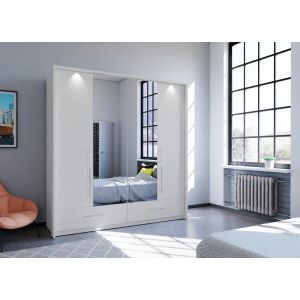 Bi-folding white matt wardrobe with drawers + mirrors, 4 doors 210cm