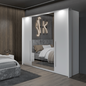 EVO White Bi-folding Sliding Door Wardrobe with Drawers 4 Doors 256cm