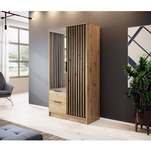 Stripe Oak Wardrobe with Drawers Hinged Mirrored Door Slim 105cm