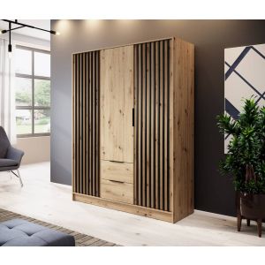 Stripe Wardrobe with Drawers Oak Hinged 3 Door 155cm