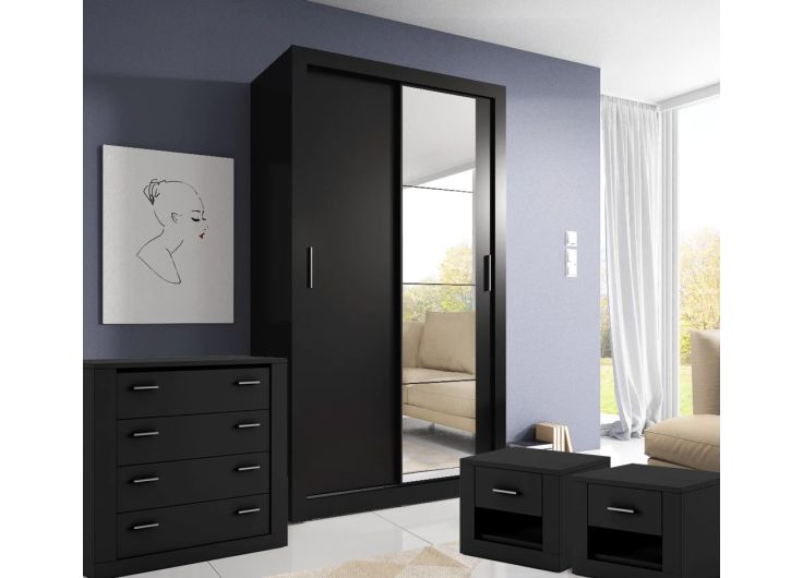Vision Black Bedroom Furniture Set + Sliding Wardrobe 120cm
