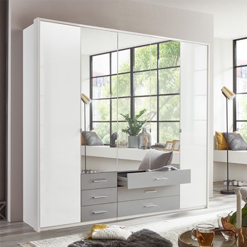 White Mirrored Wardrobe with Drawers Hinged Doors 225cm