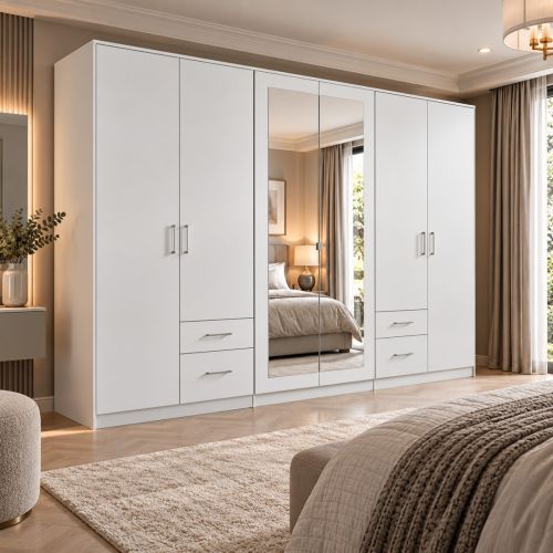 River 6 Door Mirrored White Wardrobe with Drawers 270cm