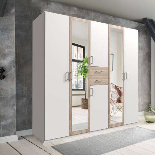 Hauch White & Oak 5 door wardrobe with drawers 225cm