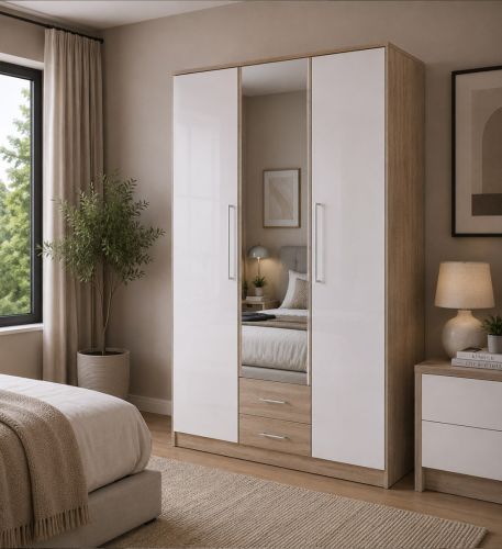 Abel Wardrobe with 2 Drawers White Gloss & Oak | 3 Doors 135cm