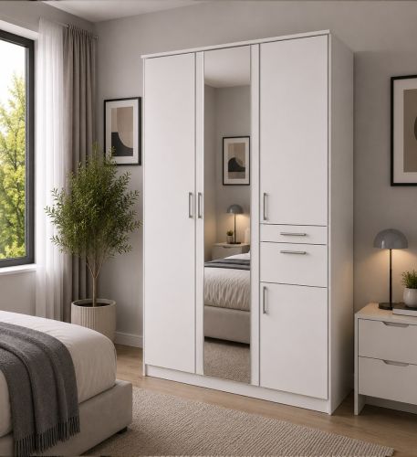 Rivera White Wardrobe with 2 Drawers  3 Doors + Mirror 135cm