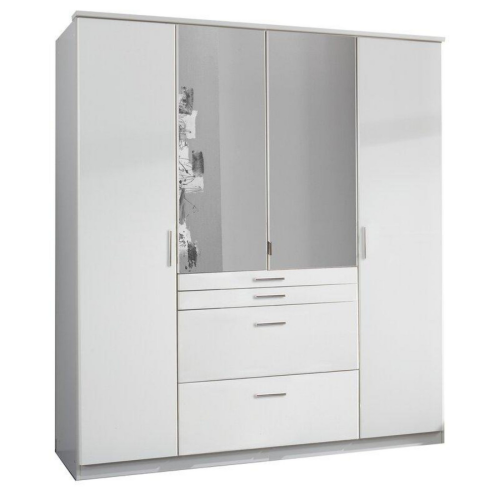 Fabel White Wardrobe with 4 Drawers 4 Doors + Mirror 180cm