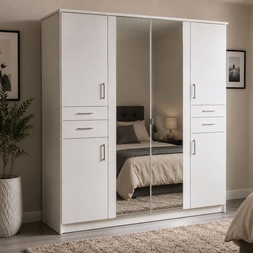 Rivera White 4 Door Wardrobe with 4 Drawers 2 Mirrors 180cm