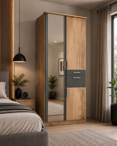Rivera Double Wardrobe with Drawers Oak + Mirror | 90cm