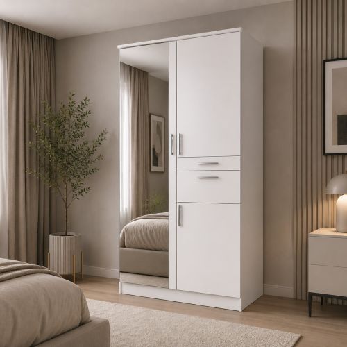 Rivera White Wardrobe with 2 Drawers 2 Doors + Mirror | 90cm