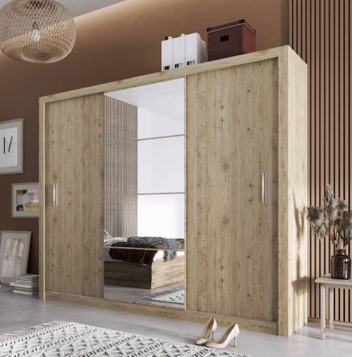 Petra Sliding Wardrobe in Oak & Mirror 250cm | 3 Door