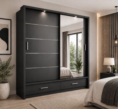 Lenart Sliding Wardrobe + Drawers + Mirror Matt Black | 2 Door - 200cm Wide