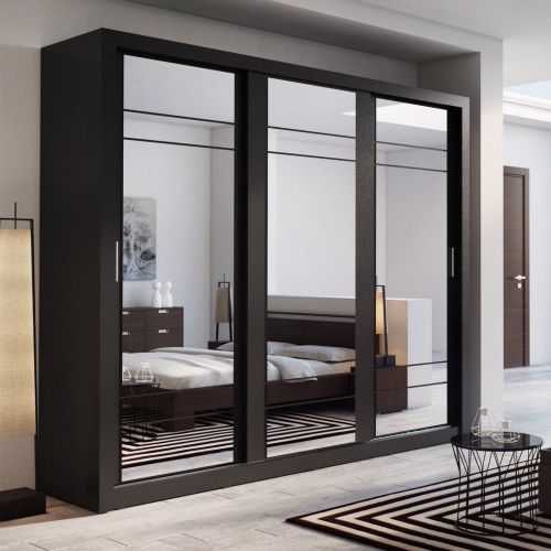 Vision Sliding Mirrored Wardrobe in Matt Black | 3 Door - 250cm Wide