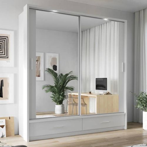 Lenart White Wardrobe with Drawers | 2 Door Sliding Mirrored | 200cm
