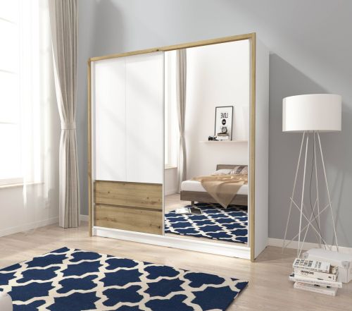 Bruno White Sliding Wardrobe with Drawers White & Oak 200cm Wide