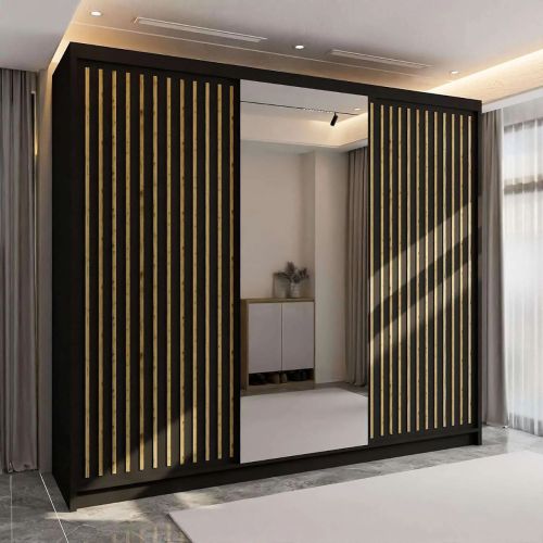 Velar Sliding Wardrobe with Drawers Black + Mirror  250cm - 3 Door