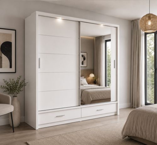 Lenart Mirrored Sliding Wardrobe with Drawers in Matt White | 2 Door - 200cm Wide