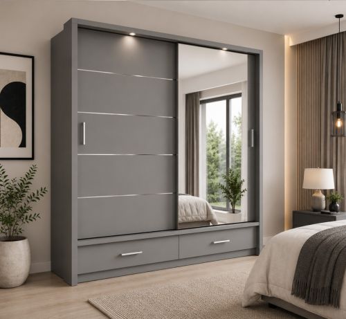 Lenart Sliding Mirrored Wardrobe with Drawers in Matt Grey | 2 Door - 200cm Wide