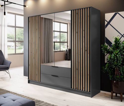 Stripe Mirrored Wardrobe with Drawers in Graphite Grey Hinged 4 Doors 206cm