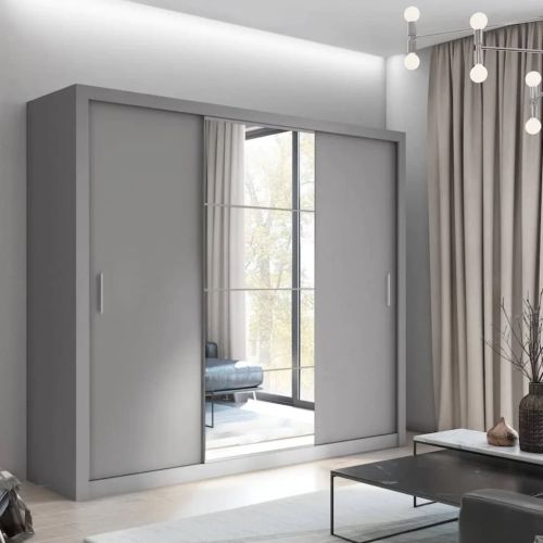 Petra Sliding Wardrobe Grey Matt & Mirror 250cm | 3 Door