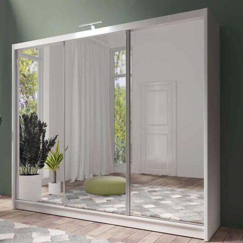 Petra Sliding Mirrored Wardrobe with Drawers White 3 Door - 250cm
