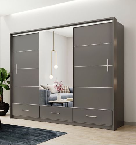 Lenart Sliding Door Grey Wardrobe with Drawers 255cm