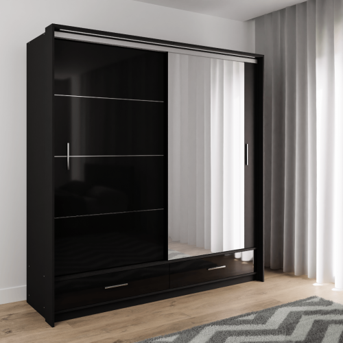 Lenart Sliding Wardrobe with Drawers Black Gloss & Mirror 208cm