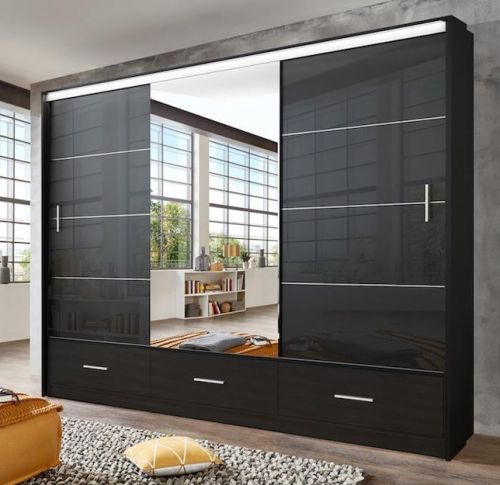 Lenart Sliding Wardrobe with Drawers Black Gloss & Mirror 255cm