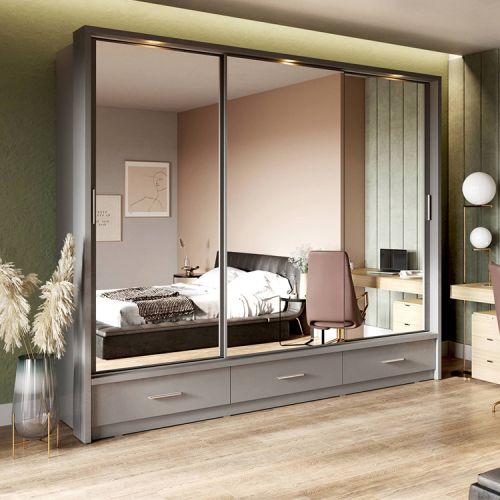 Vision Grey Wardrobe with Drawers | 3 Sliding Mirrored Doors | 250cm