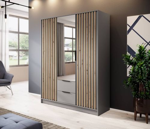 Stripe Mirror Wardrobe with Drawers Grey  Hinged Door 155cm